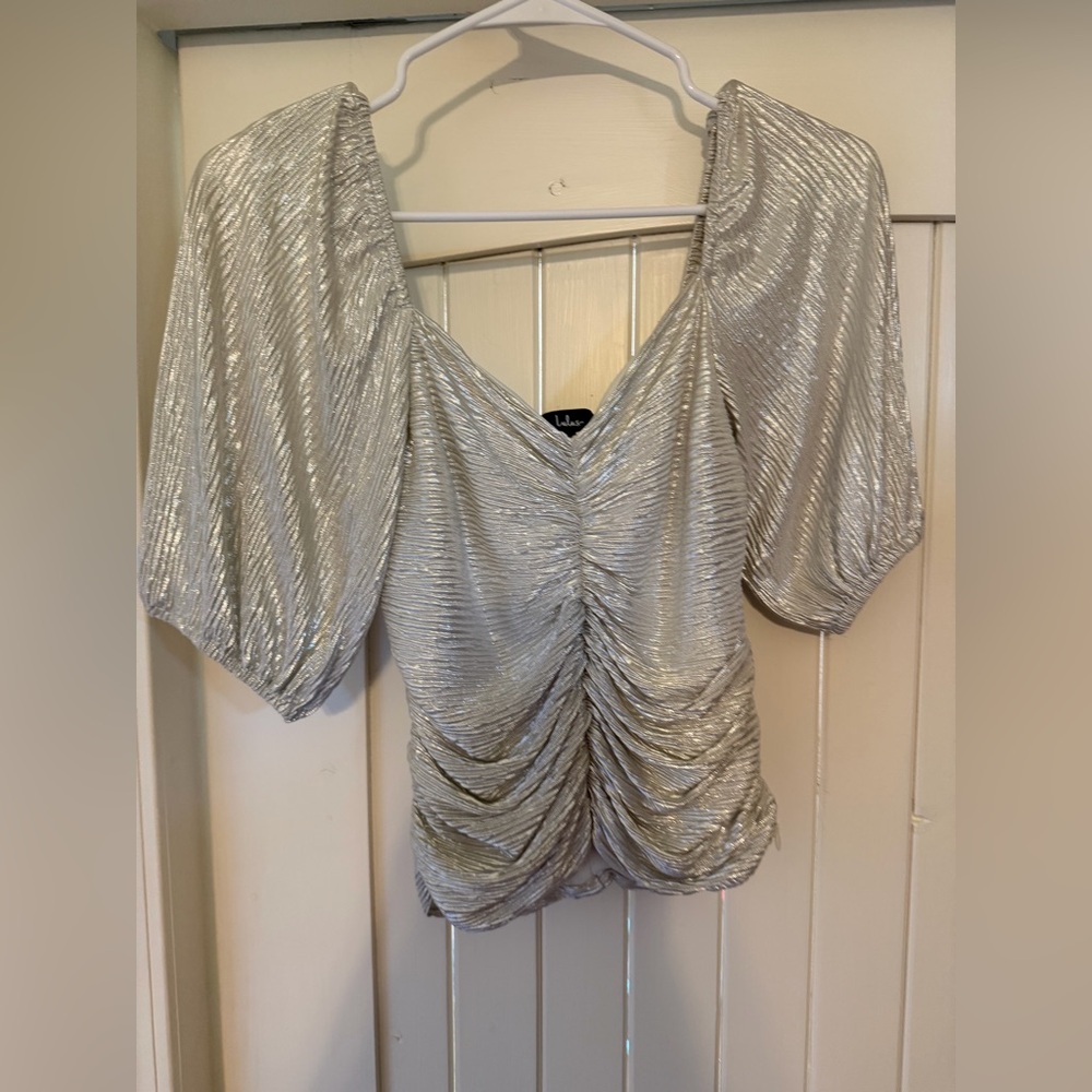 Lulu's Metallic Silver Ruched Puff-Sleeve Blouse